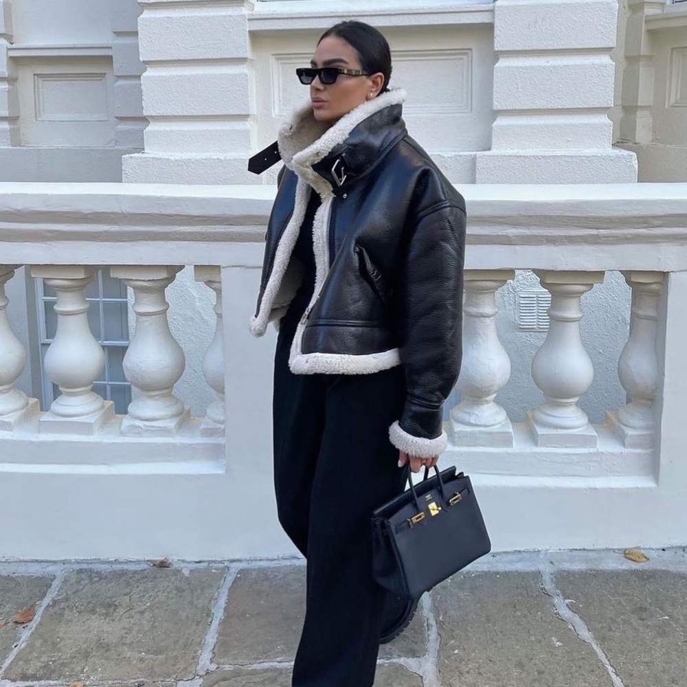 Zara Black Faux Leather Shearling-Trim Jacket